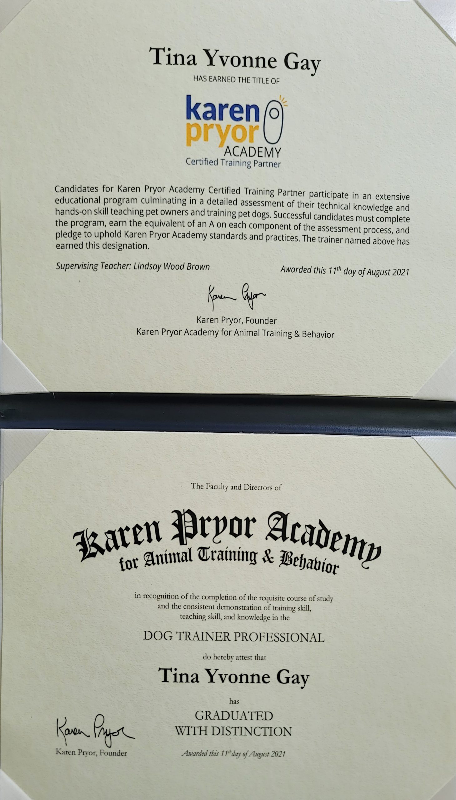 Karen Pryor Academy certificate for certified dog trainer Wilson NC Tina Gay